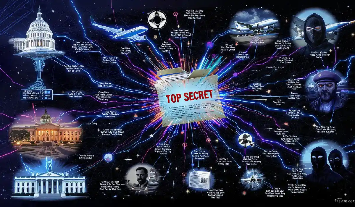 Glowing conspiracy web connecting Epstein plane, government buildings and masked figures – massive cover-up exposed