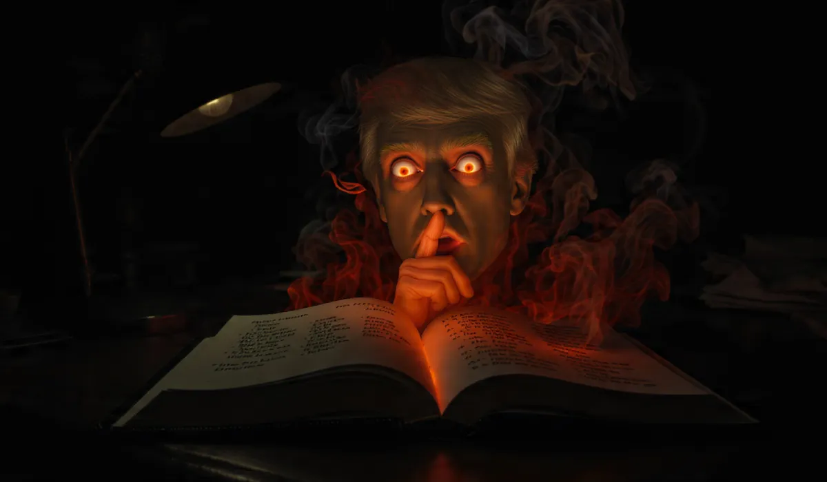 Open black leather book glowing with celebrity names and rising smoke – Epstein’s hidden contacts revealed