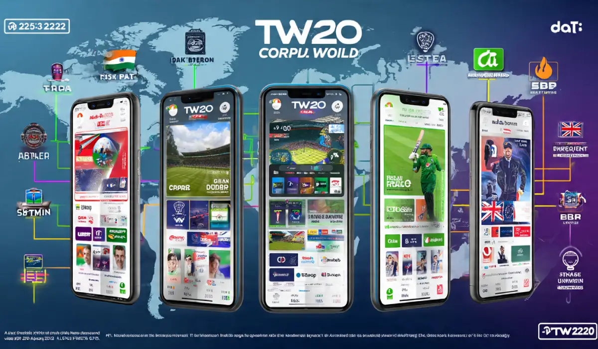 Country flags with mobile phones showing T20 World Cup 2026 streaming apps for India Pakistan USA UK