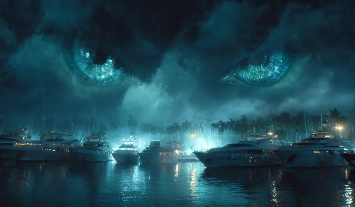 Dark tropical island with luxury yachts and shadowy figures – horrifying Epstein island secrets