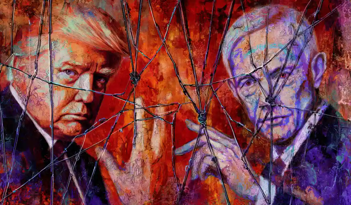 Fractured portraits of Trump and Gates with Epstein shadow pulling puppet strings – shocking connections